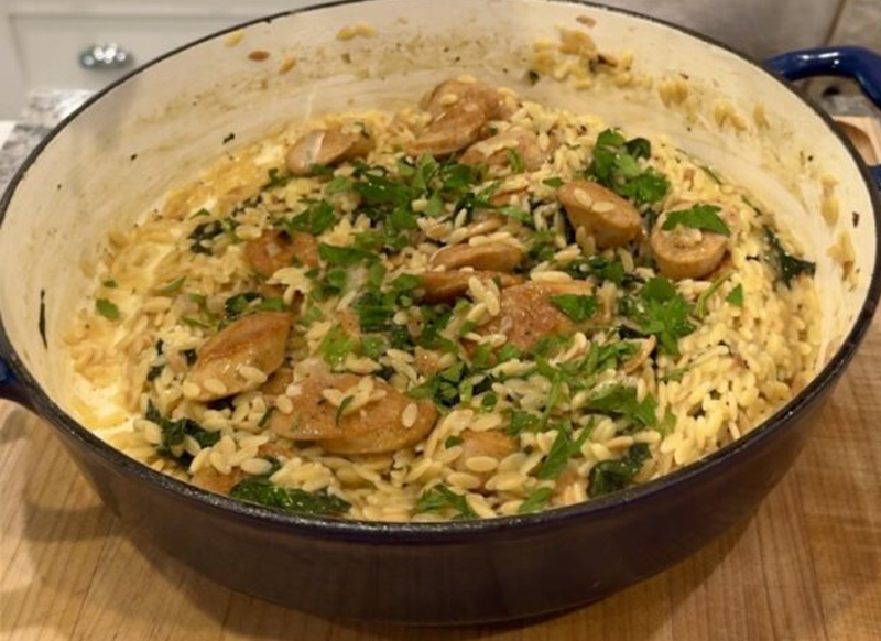 One Pot Lemony Orzo with Al Fresco Rotisserie Seasoned Chicken Sausage