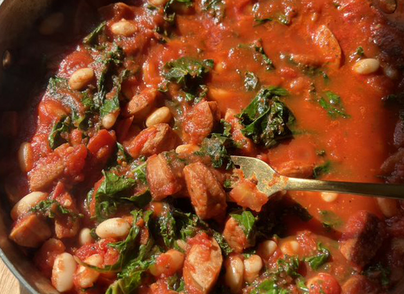 Saucy Skillet Beans with Kale and Chicken Sausage