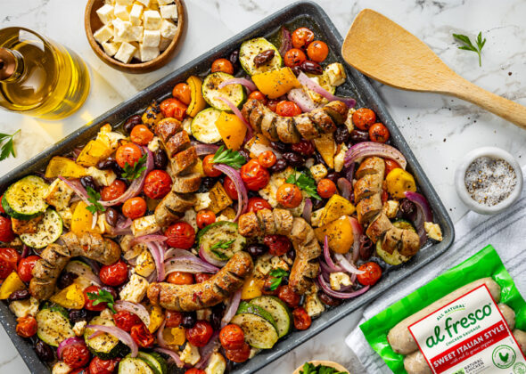 Al Fresco Greek Sheet pan dinner on a counter featuring Italian Chicken Sausage