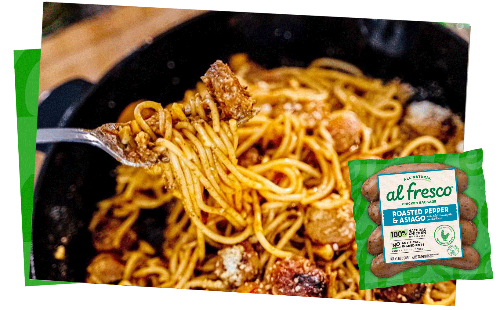 Chicken Sausage Pantry Pasta featuring Al Fresco Roasted Red Pepper and Asiago Chicken Sausage