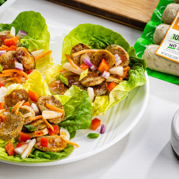 Lettuce wraps using Al Fresco Roasted Garlic Chicken Sausage